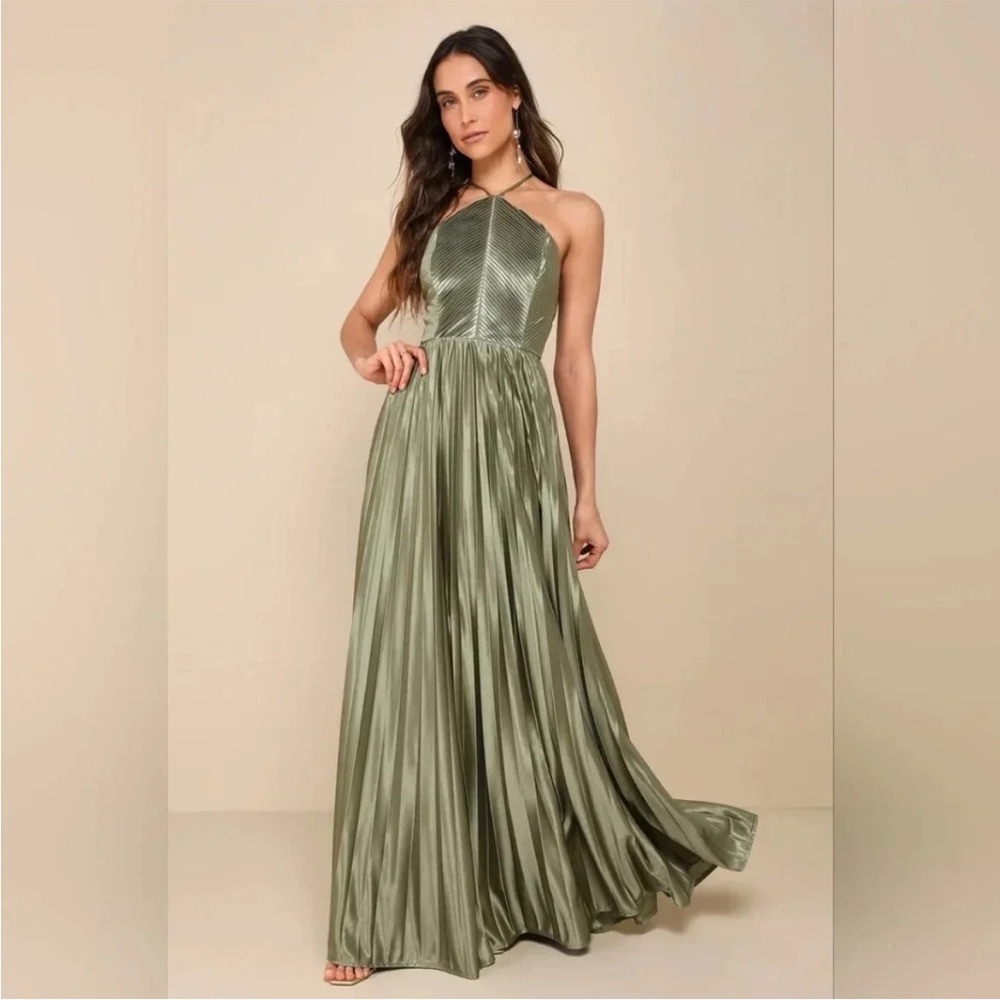 Lulus Elaborate Charm Olive Green Satin Pleated Backless Maxi Dress Sz-S